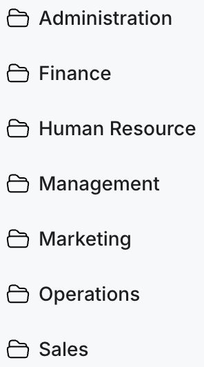 A systems management folder structure with one folder per department: Administration, Finance, Human Resource, Management, Marketing, Operations and Sales