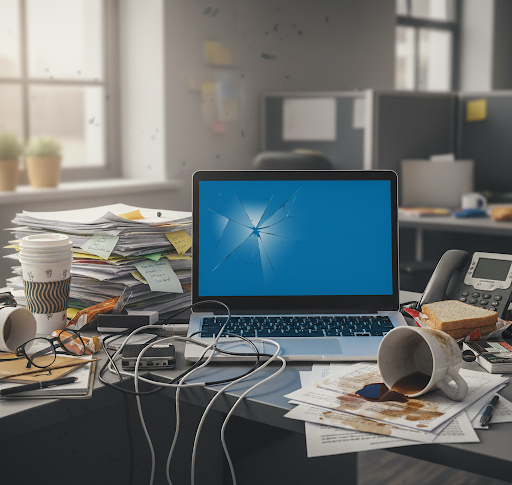 messy desk broken laptop