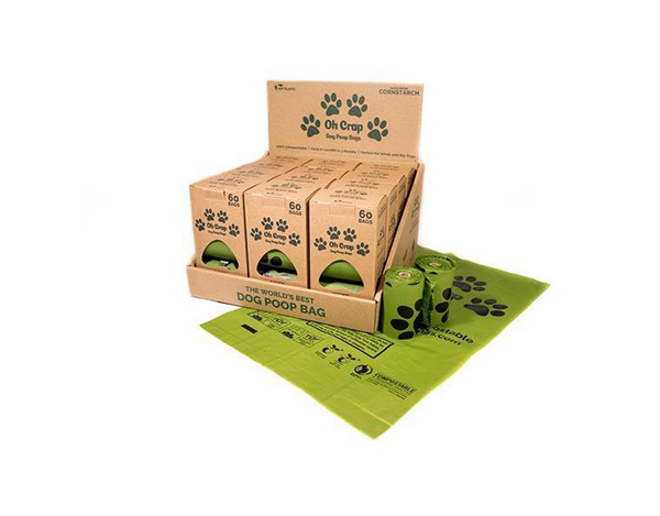 oh crap non plastic biodegradable dog poop bags retail cartons packs right side of carton with rolls bags