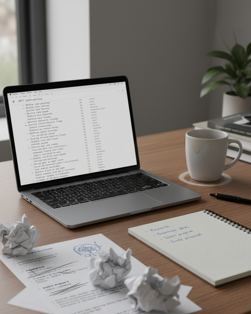 messy desk table building GPT