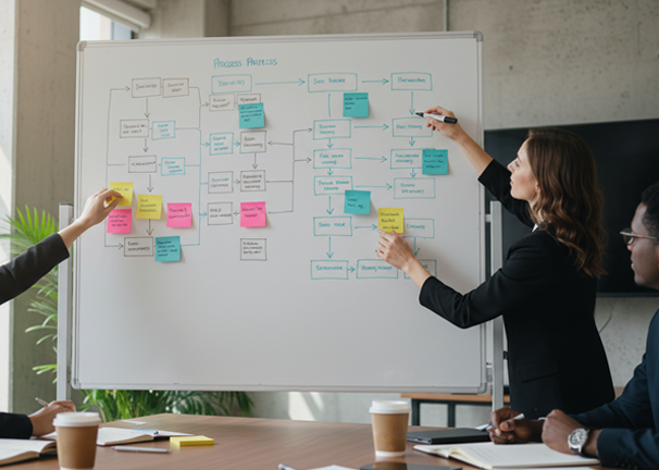 office team around whiteboard