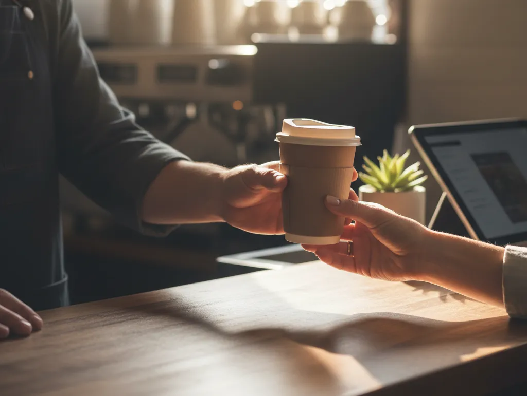 barista handing over coffee
