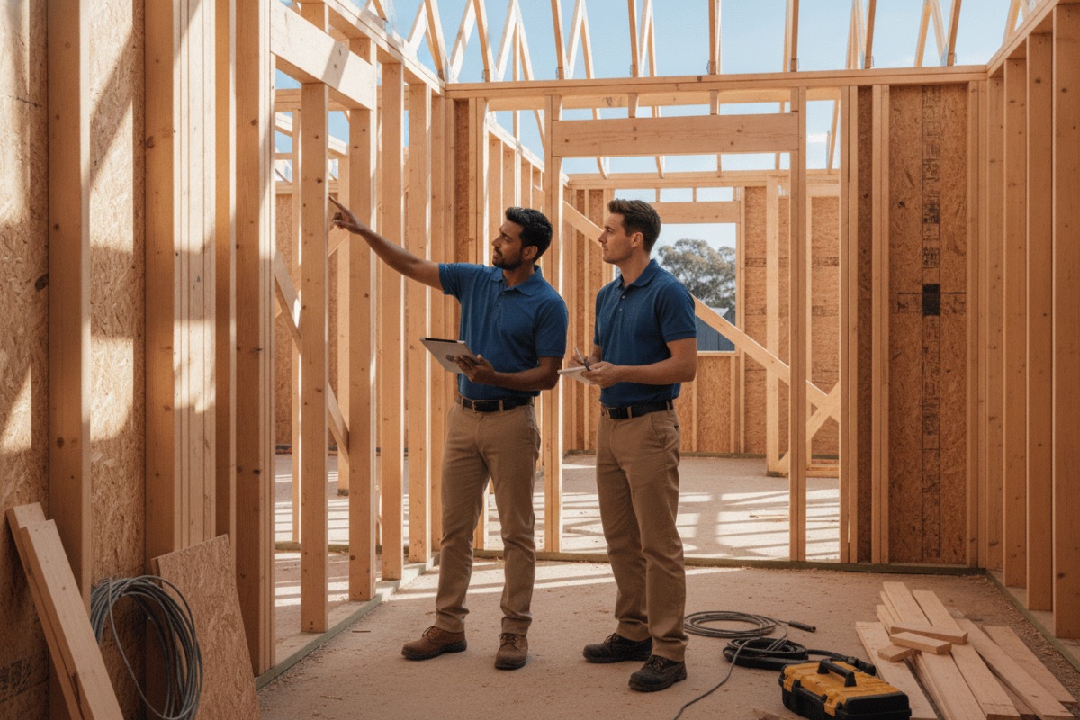 Site supervisor giving the morning briefing to carpenters inside a timber-framed house