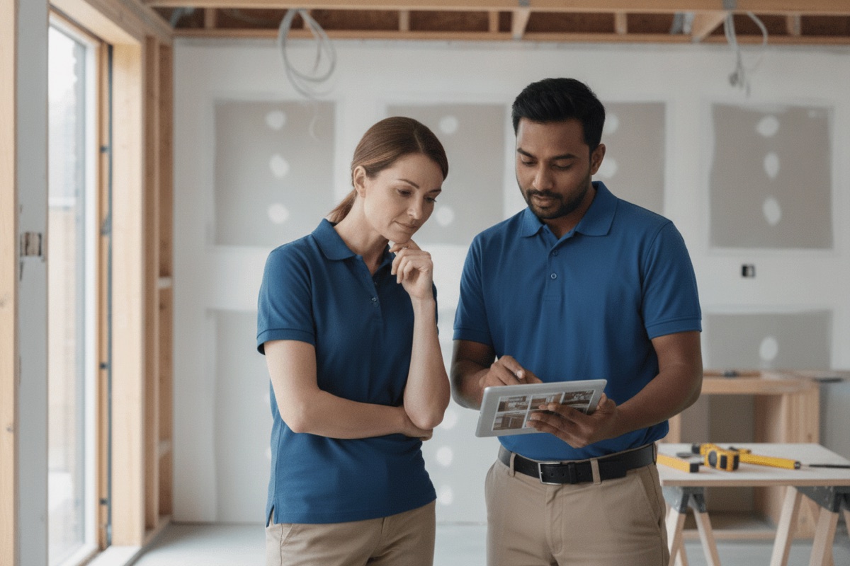 Project manager walking a homeowner through a variation on a tablet in a partly built extension