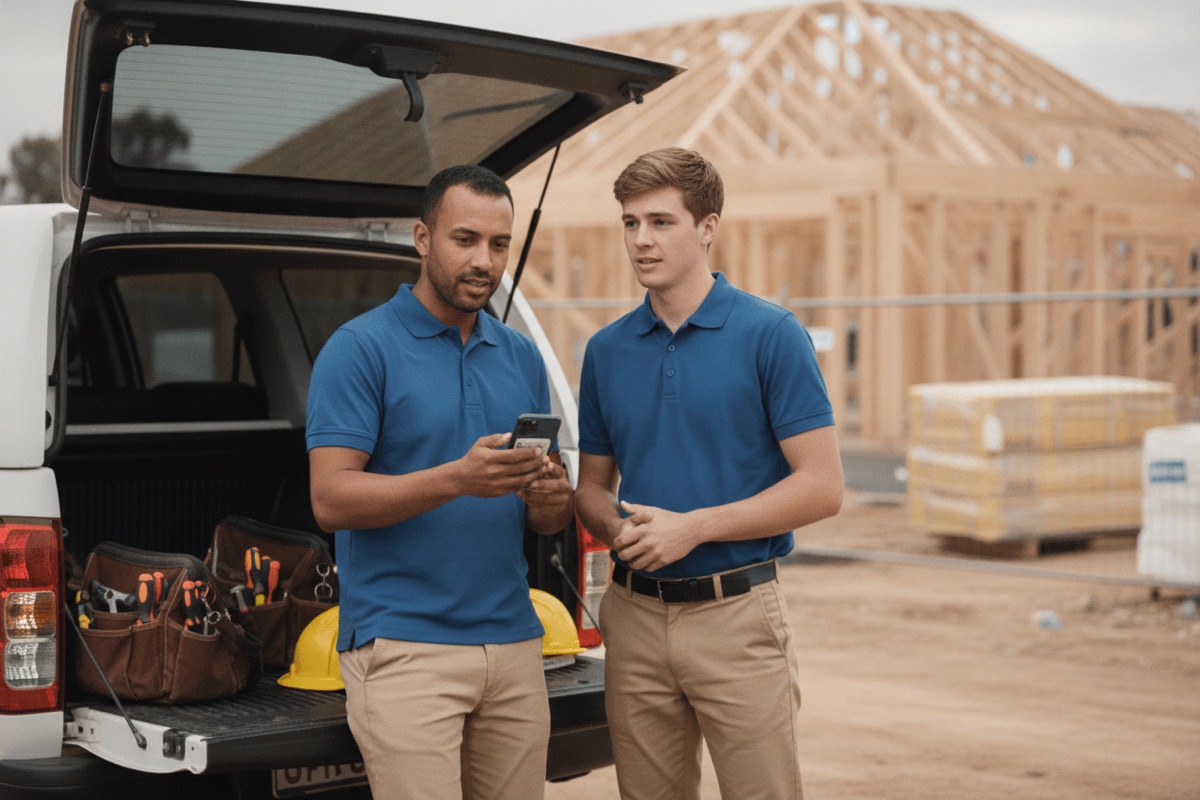 Leading hand onboarding a new apprentice with a phone checklist at the ute on site