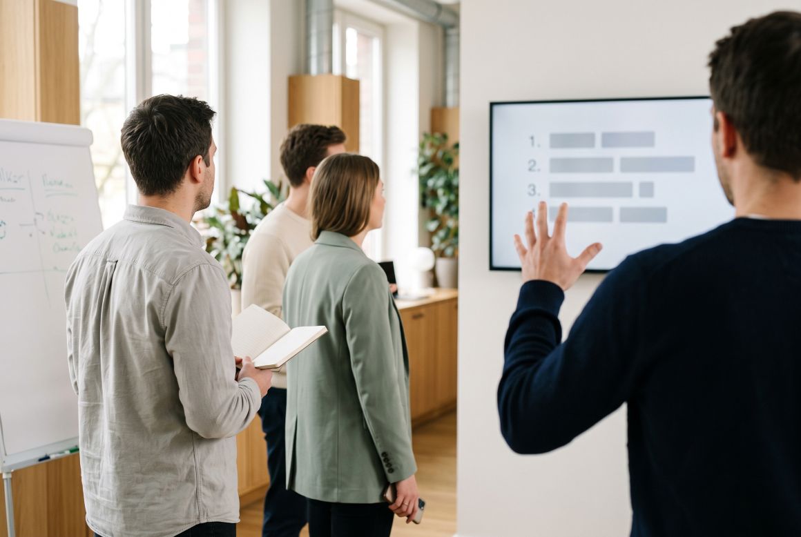 Team meeting where a documented process is being shared on a wall screen